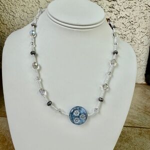 Hand Crafted Floral Blue Disc Necklace White, Silver and Clear Beads